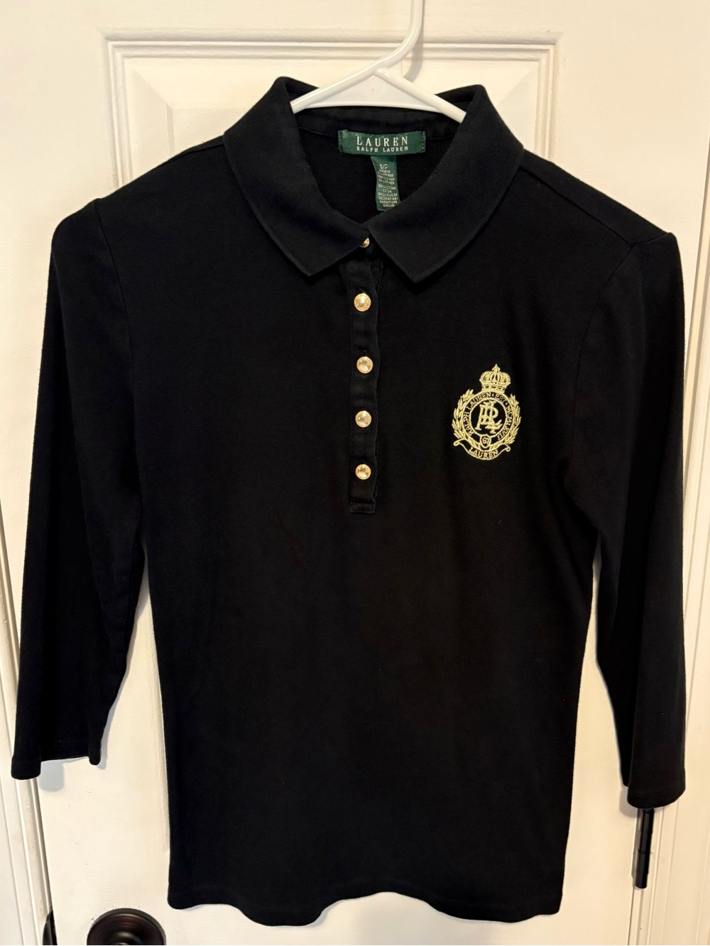 Ralph Lauren Black 3/4 Sleeve Polo with Gold Crest Size Small